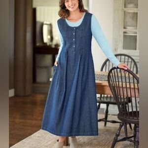 The Vermont Country Store Denim Pintuck Jumper Dress Size S